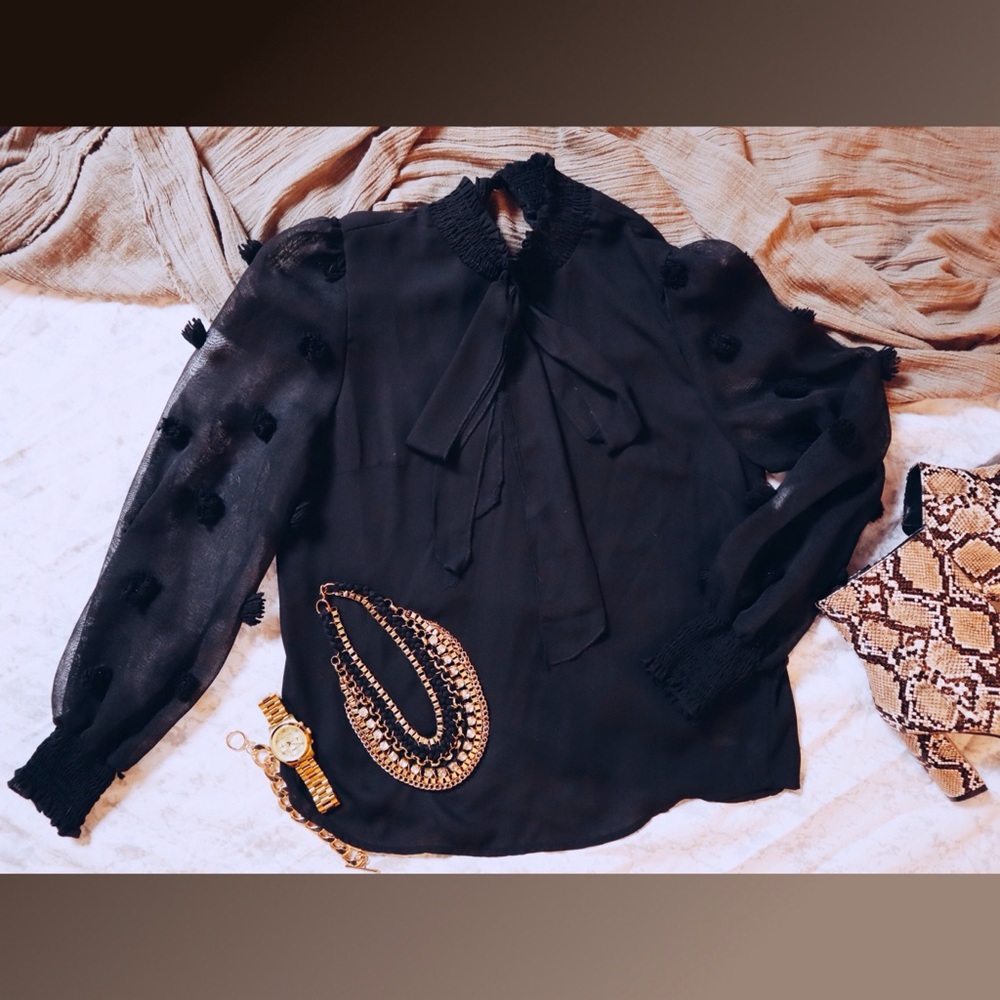 Black Detailed Blouse with Decorative Neck Tie